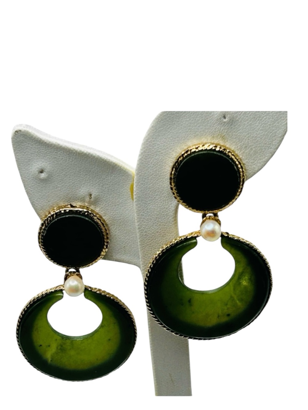 Huge Vintage Swoboda Jade and Cultured Pearl Dangle Earrings
